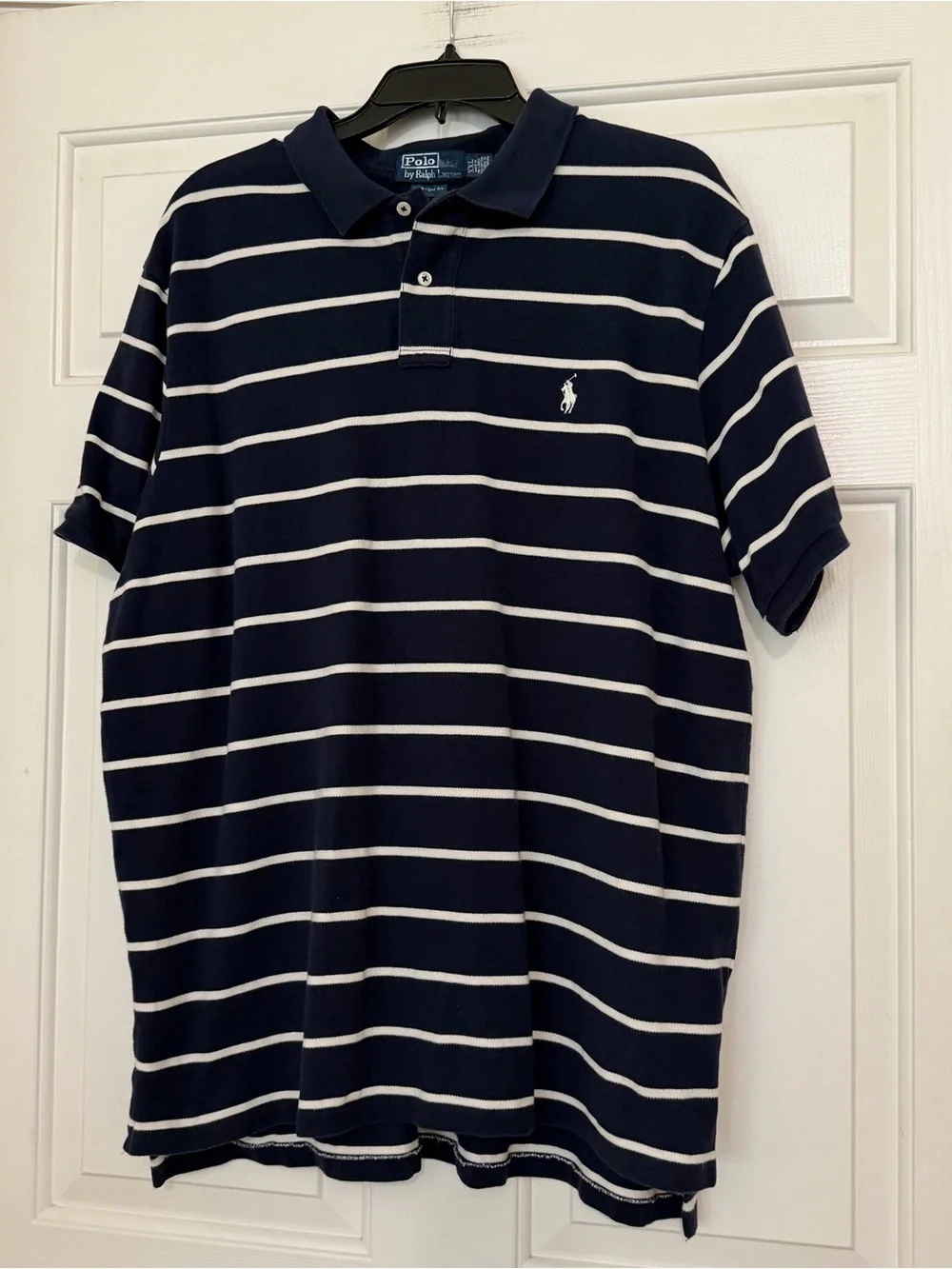 Vintage Polo Ralph Lauren Navy Blue & White Preppy Striped Polo Shirt Size XXL